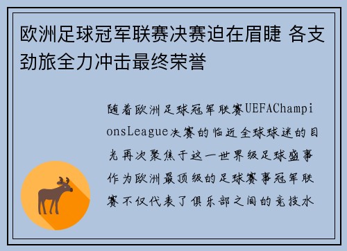 欧洲足球冠军联赛决赛迫在眉睫 各支劲旅全力冲击最终荣誉
