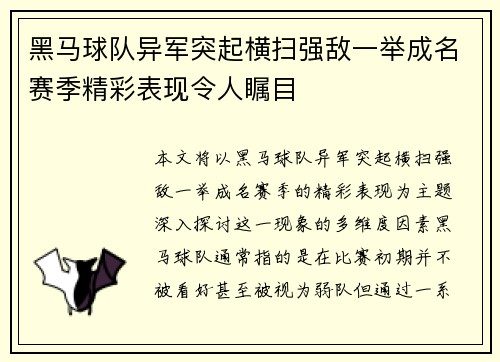 黑马球队异军突起横扫强敌一举成名赛季精彩表现令人瞩目
