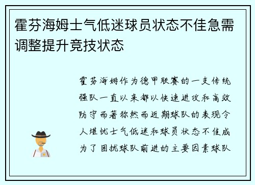 霍芬海姆士气低迷球员状态不佳急需调整提升竞技状态