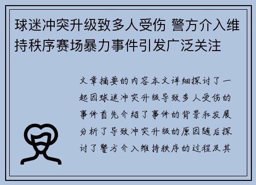 球迷冲突升级致多人受伤 警方介入维持秩序赛场暴力事件引发广泛关注