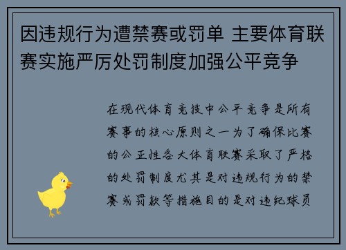 因违规行为遭禁赛或罚单 主要体育联赛实施严厉处罚制度加强公平竞争