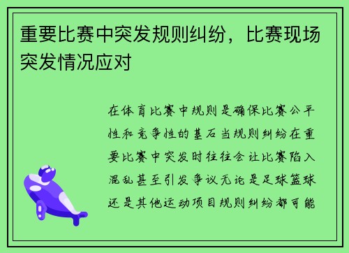 重要比赛中突发规则纠纷，比赛现场突发情况应对